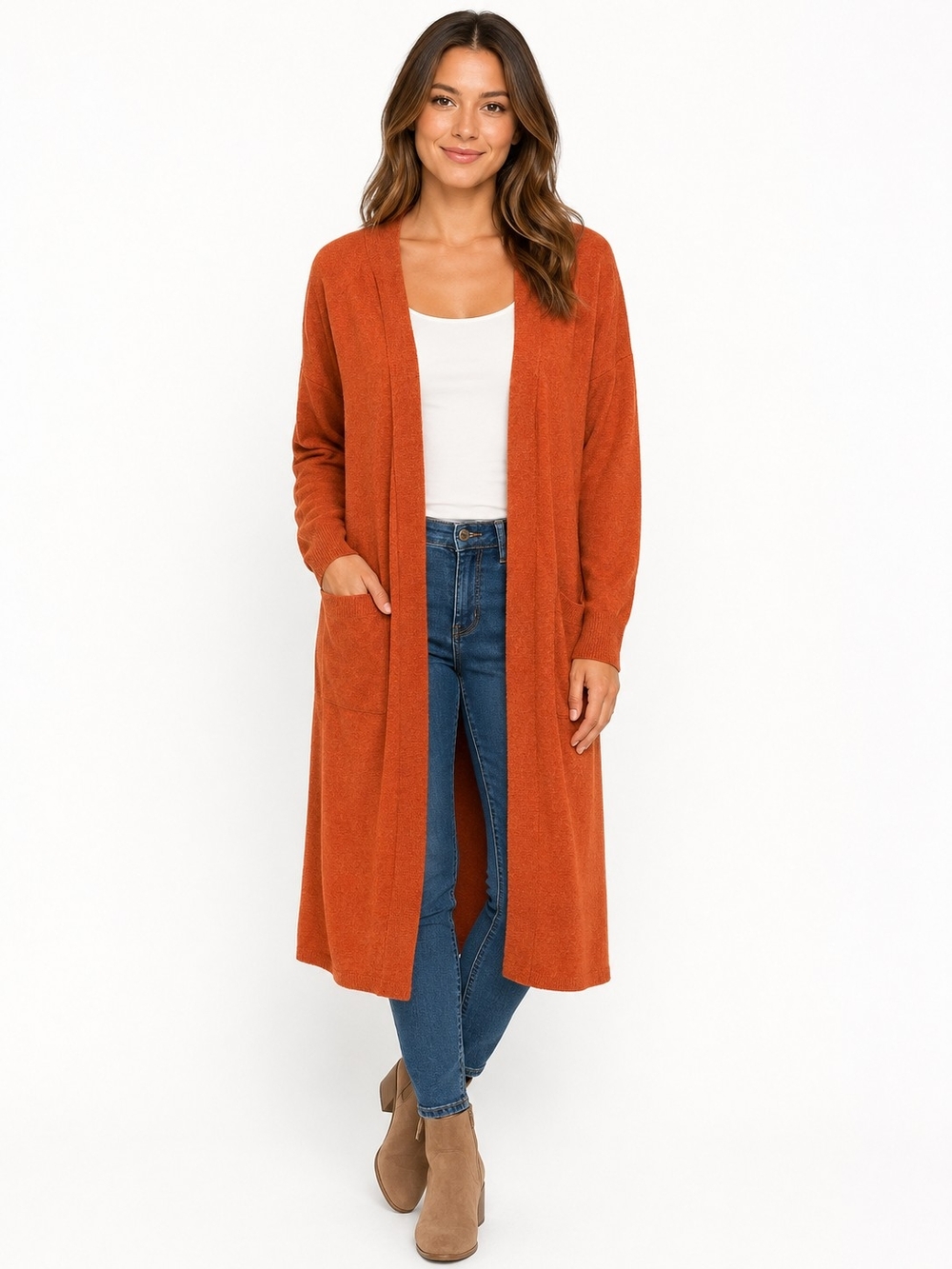 Debut Long Open-Front Rust Orange Women's Cardigan Sweater